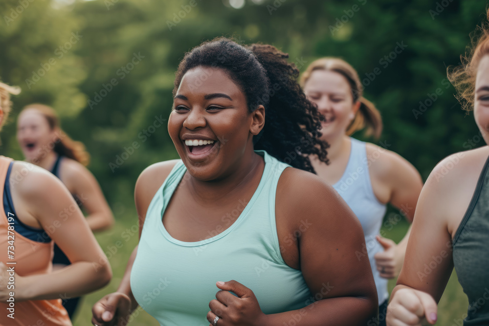 A group of plus-size women running together in a park. A group of plus-size women running together in a park.