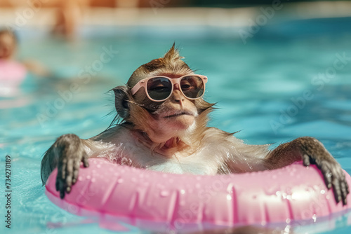 Happy relaxing monkey with sunglasses swimming in the pool on an inflatable pink circle sunny summer day. Concept of fun summer holidays in vacation