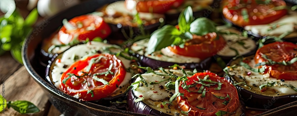 Healthy vegetarian Italian dish made with baked eggplant, mozzarella, and tomatoes Healthy vegetarian Italian dish made with baked eggplant, mozzarella, and tomatoes