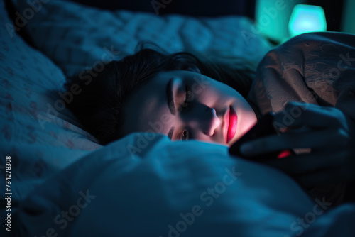 An image of a person lying in bed, surrounded by darkness, with the glow of a phone screen illuminating their face.