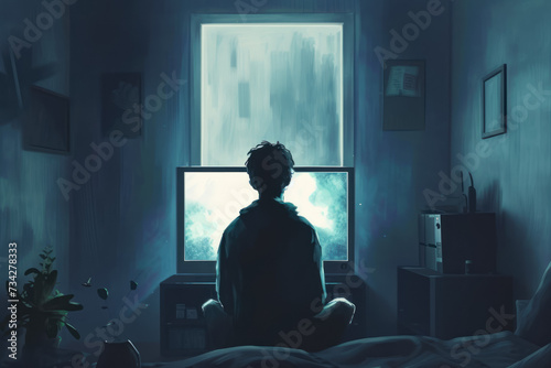 An illustration of a person sitting alone in a dimly lit room, staring at a screen for hours.