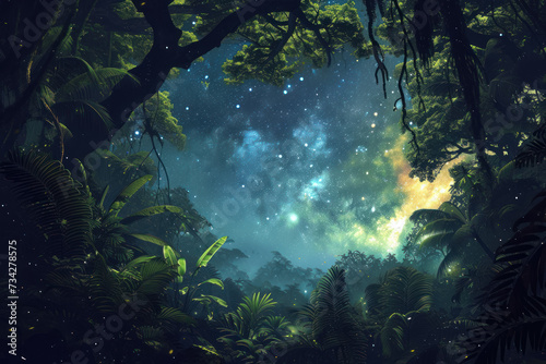 view of the night sky from a lush  alien jungle.