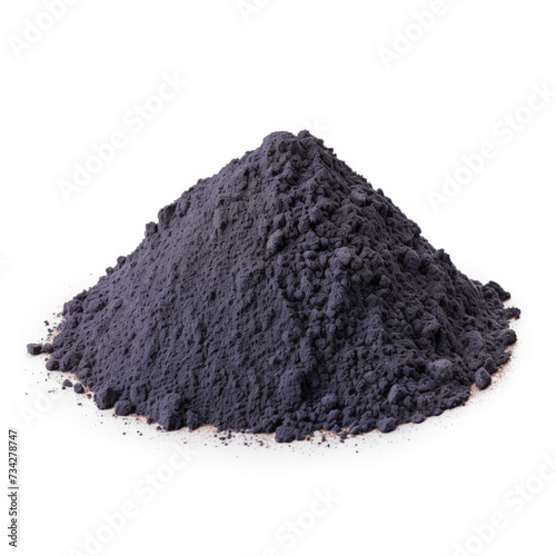 close up pile of finely dry organic fresh raw blueberry powder isolated on white background. bright colored heaps of herbal, spice or seasoning recipes clipping path. selective focus