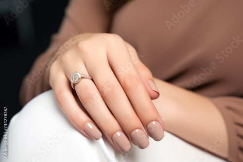 Elegant and well-groomed woman s hands showcasing beautifully manicured nails against a light gray background.