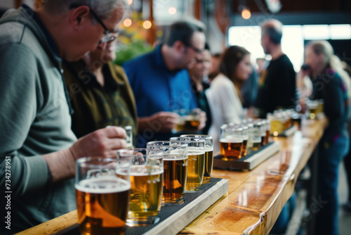picturesque scene of a beer tasting event. People are seen sampling various types of beer, discussing their flavors and aromas photo