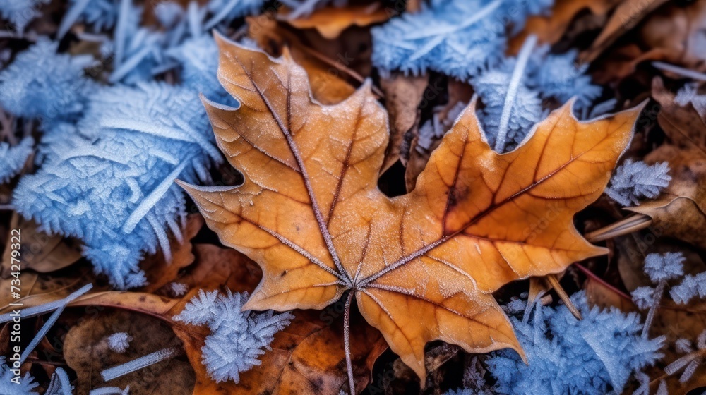Frozen maple leaves on the forest floor