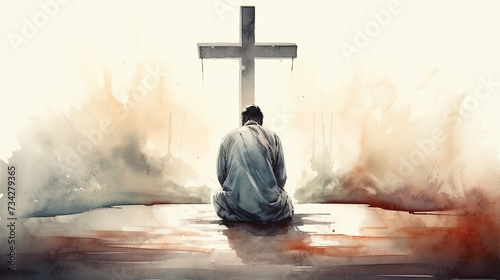 person sitting in front of a cross 
