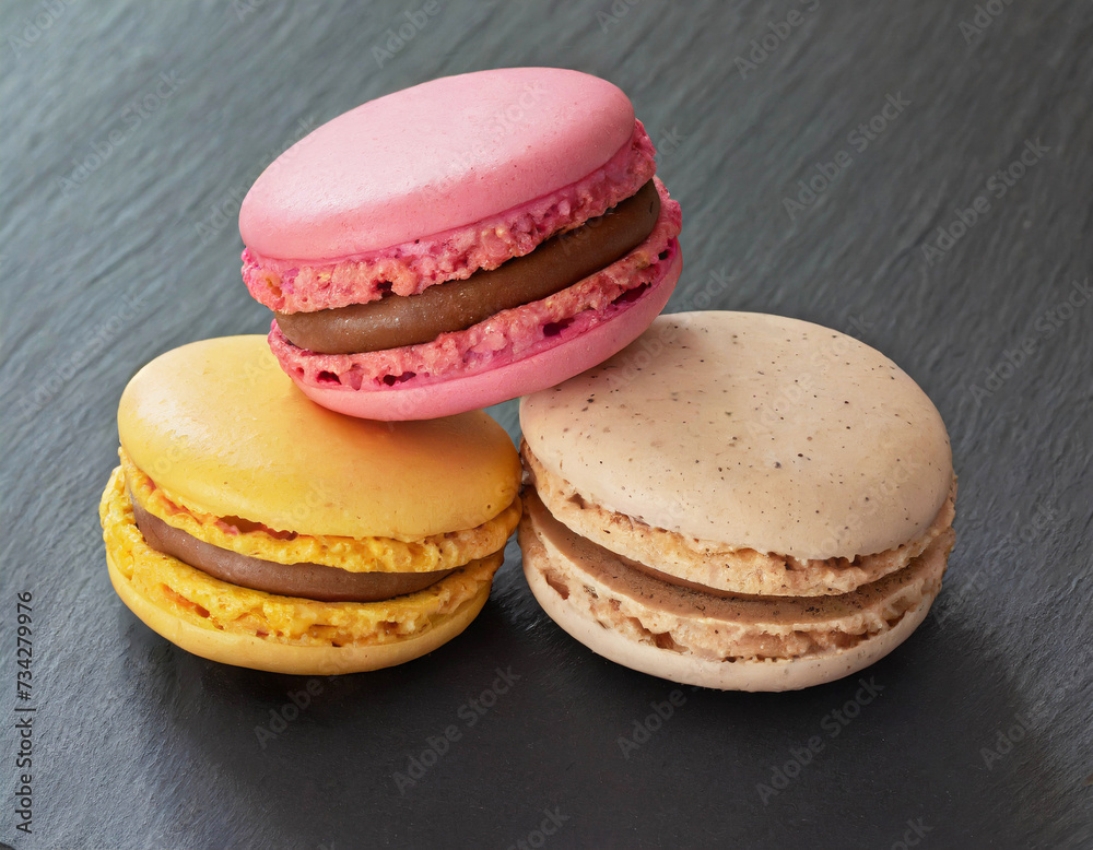 Fototapeta premium Colorful macaroons on the black slate