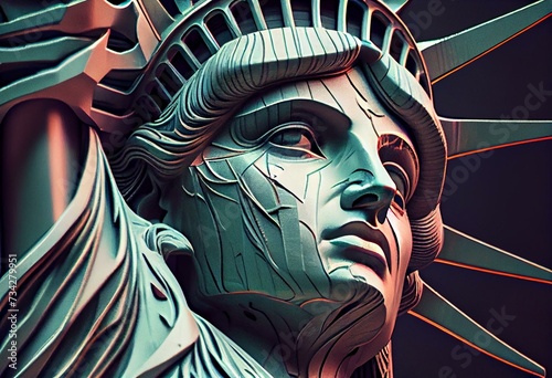 Close up illustration of the face of the statue of Liberty. Travel destination, famous place for vacations. Generative AI Illustration