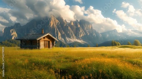 a cabin in the middle of a field with mountains in the background and clouds in the sky in the distance.