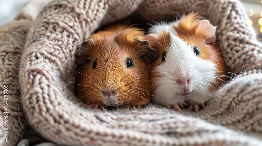 Guinea pig couple snuggling in a cozy blanket nest generative ai Guinea pig couple snuggling in a cozy blanket nest generative ai