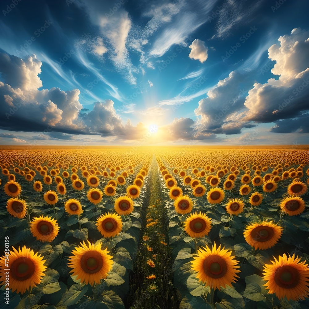 Obraz premium Vibrant Sunflower Blooming in a Vast Field Under a Clear Blue Sky