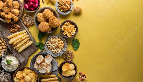 top view of various snacking on yellow background with empty space