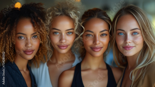 Four women with different skin types. Diverse group of females standing together and looking at camera.