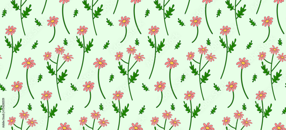 Seamless pattern with pink daisies in retro groovy style. Vector, abstract background with cartoon plants. Seamless pattern with pink daisies in retro groovy style. Vector, abstract background with cartoon plants.