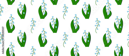 Seamless pattern with lilies of the valley in retro style. Vector, abstract background with spring cartoon plants.