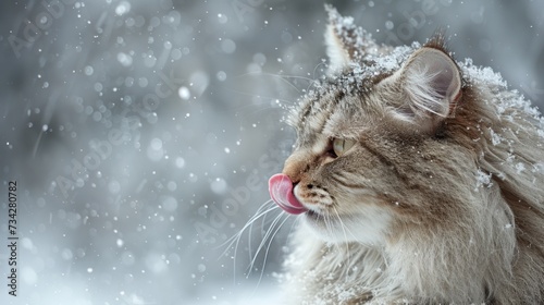 a close up of a cat with it's tongue hanging out of it's mouth in the snow.