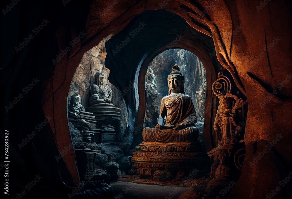 mystical religious cave with buddha statue in buddhist old temple, created with generative ai