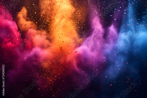 Colorful holi powder colors with splash on dark background. Happy holi indian festival dahan banner concept with copy space.