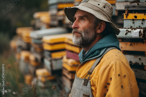 A beekeeper against the background of beehives on a apiary. Beekeeping, wildlife and ecology concept. Close-up man portrait, spring and summer background with copy space.