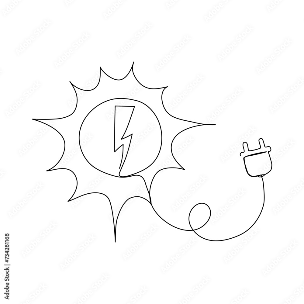 Sun with plug in continuous one line art style. Solar energy concept. Simple vector illustration Sun with plug in continuous one line art style. Solar energy concept. Simple vector illustration