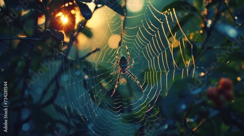 a close up of a spider on a web in a tree with the sun shining through the leaves behind it.