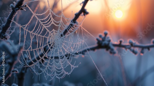 a close up of a spider web on a tree branch with the sun in the background and snow on the branches.