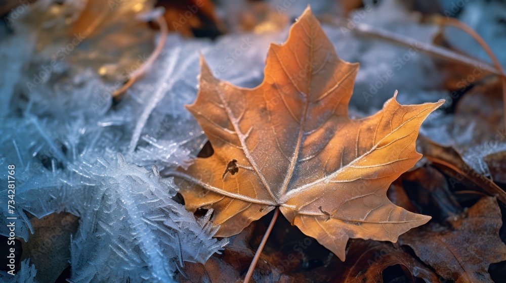 Frozen maple leaves on the forest floor