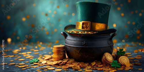 The Saint Patrick's day black cauldron with golden coins, hat and shamrocks on green background. St. Patrick's Day banner concept with copy space.