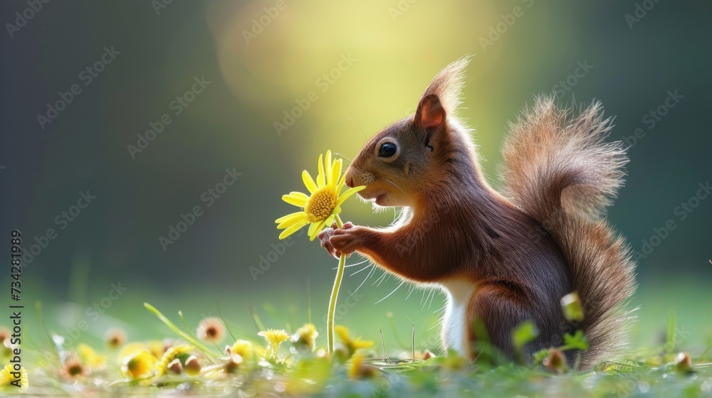 a squirrel holding a flower in it's mouth while standing on its hind legs in a field of grass. a squirrel holding a flower in it's mouth while standing on its hind legs in a field of grass.