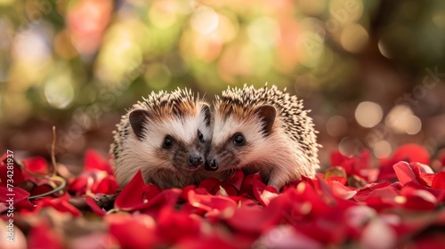 Hedgehog couple sharing a quiet moment amidst flower petals generative ai