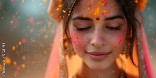 Young and happy hindu indian woman in national indian sari clothes celebrate holi festival dahan. Bright colorful powder paint background, concept with copy space.