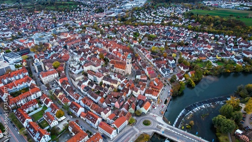 Aerial around the old town of the city Nürtingen in Germany on a afternoon in autumn. 