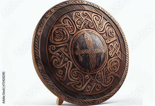 Wooden medieval round shield, viking shield painted, isolated on white background, 3d rendering. Generative AI