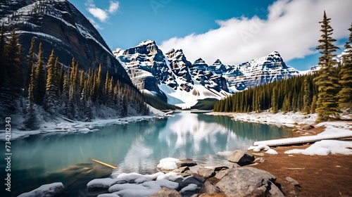 a serene mountain lake nestled between snow-capped peaks, with a powerful waterfall streaming down from a higher elevation.