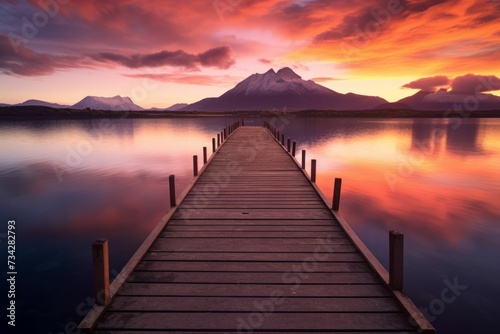 AI generated illustration of a wooden dock against a tranquil lake at sunrise