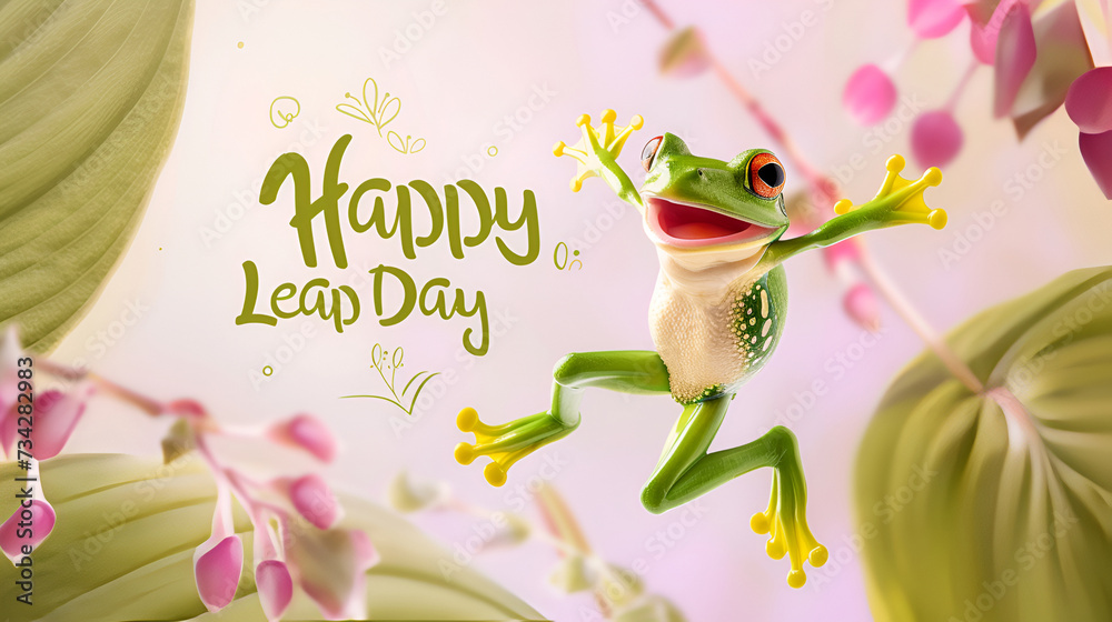 A joyful Green frog is jumping on a pastel background with the text "Happy Leap Day". February 29th leap year day concept - obrazy, fototapety, plakaty 