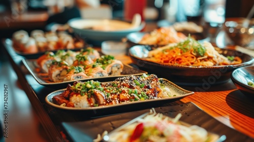 a close up of plates of food on a table with other plates of food on the side of the table.