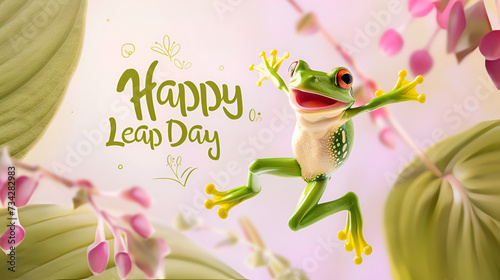 A joyful Green frog is jumping on a pastel background with the text 