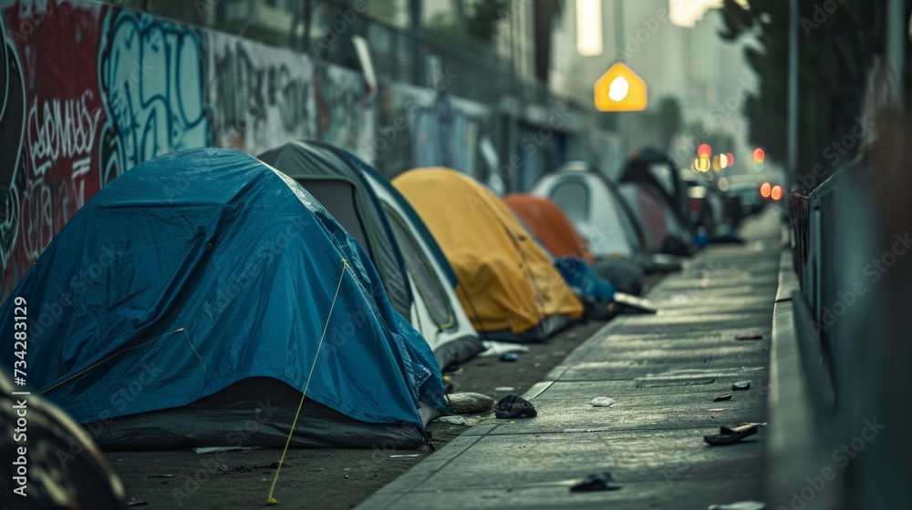 Homeless tent camp on a city street generative ai - obrazy, fototapety, plakaty 