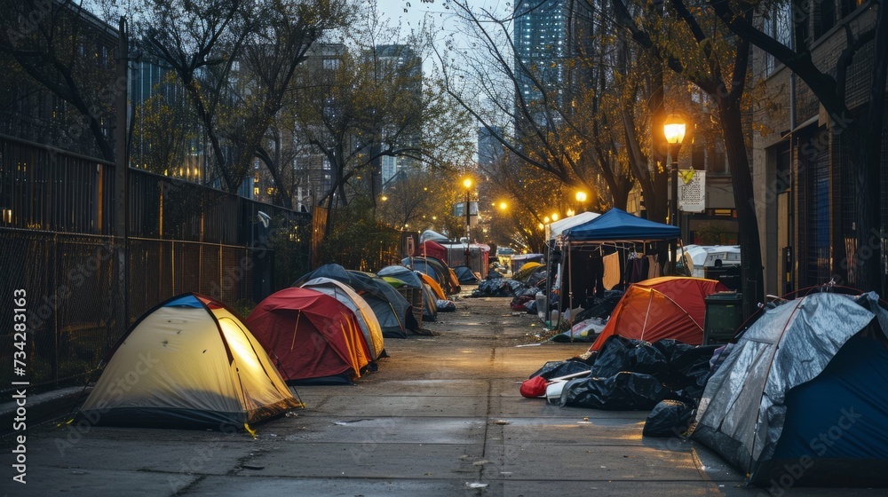 Homeless tent camp on a city street generative ai - obrazy, fototapety, plakaty 