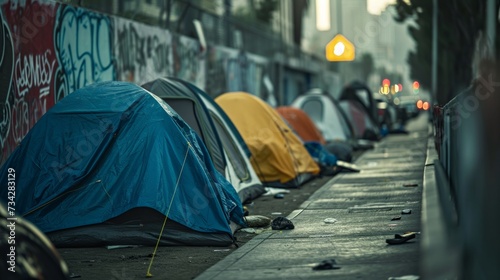 Homeless tent camp on a city street generative ai © Francheska