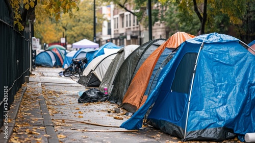 Homeless tent camp on a city street generative ai © Francheska