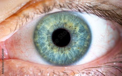 High magnification of Male Blue-Green Colored Eye With Lashes. Pupil Opened. Close Up. Structural Anatomy. Human Iris Macro Detail.