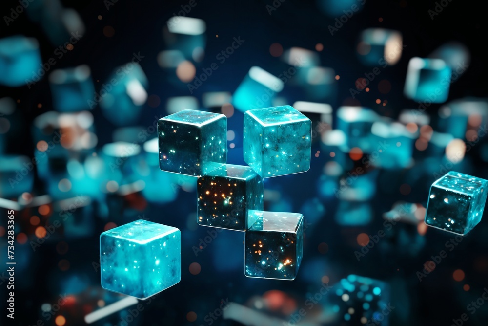 abstract background of black cubes with golden bubbles and dots on them, in the style of 3D rendering computer art - obrazy, fototapety, plakaty 