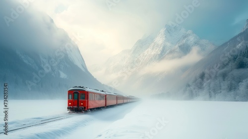 a red train traveling down train tracks next to a snow covered mountain covered in clouds and snow covered mountains in the distance. photo