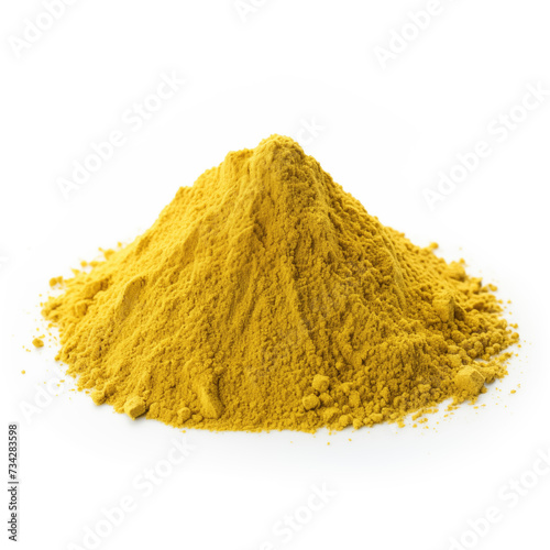 close up pile of finely dry organic fresh raw fennel pollen powder isolated on white background. bright colored heaps of herbal, spice or seasoning recipes clipping path. selective focus