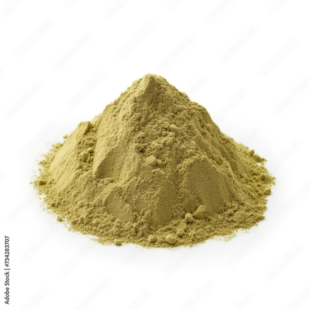 close up pile of finely dry organic fresh raw fennel powder isolated on white background. bright colored heaps of herbal, spice or seasoning recipes clipping path. selective focus
