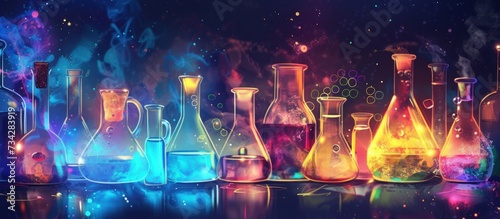 Colorful liquid on scientific glassware for chemical experiment research laboratory background. photo
