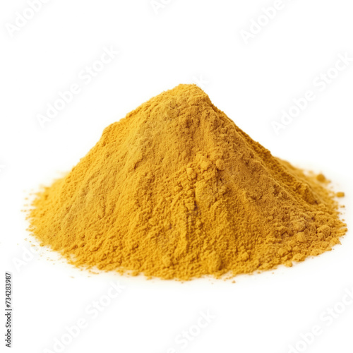 close up pile of finely dry organic fresh raw fenugreek powder isolated on white background. bright colored heaps of herbal, spice or seasoning recipes clipping path. selective focus